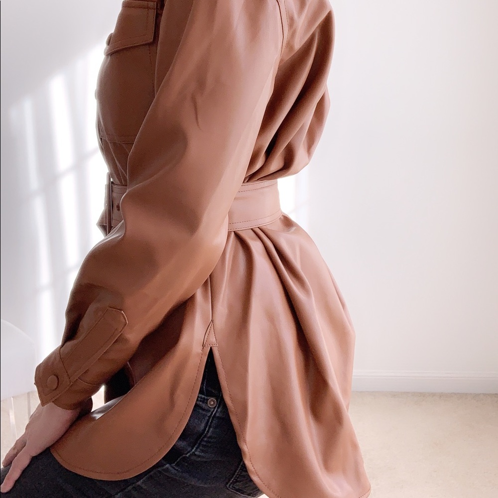 Faux Leather Belted Shirt Jacket in Cognac - Picture 4 of 7